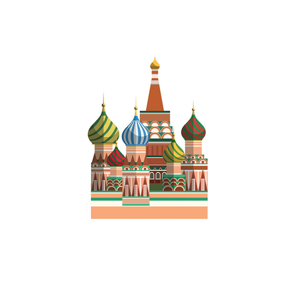 Illustration of St Basil's Cathedral featuring vibrant onion-shaped domes in red, green, blue, and gold hues. The detailed rectangular base includes arches and intricate embellishments. This stunning artwork is set against a stark white background.