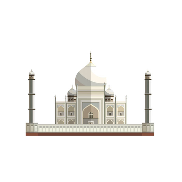 Illustration of the Taj Mahal, showcasing its iconic white marble dome, minarets, and symmetrical design. The landmark is rendered with clean lines and minimalistic details against a plain background.