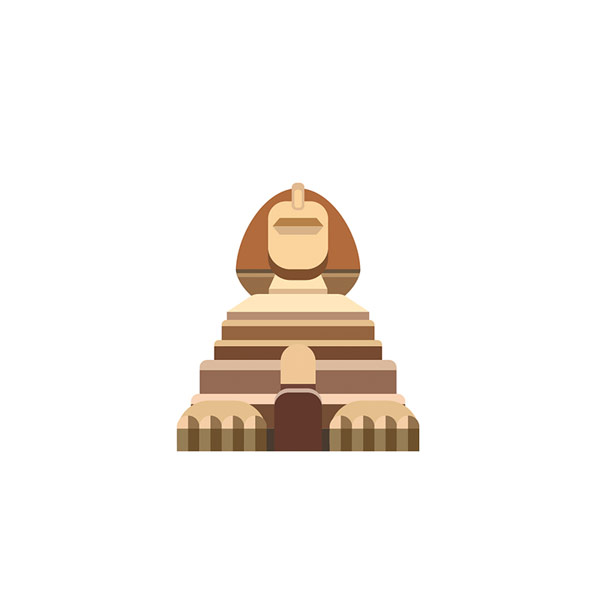 Illustration of the Great Sphinx of Giza, showcasing its iconic human head adorned with a headdress and lion's body, rendered in a minimalist and stylized design on a plain white background.