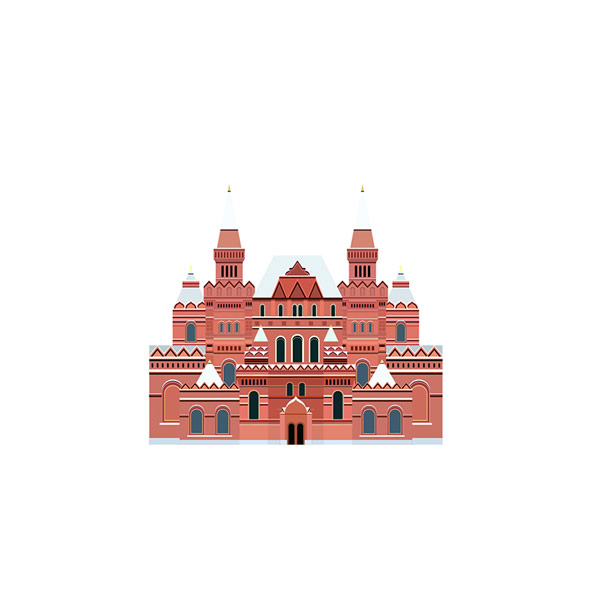 Illustration of the State Historical Museum, a grand, symmetrical building with multiple spires and arches, adorned in a striking red and white color scheme. The structure boasts a central tower flanked by two smaller towers, each capped with white pointed roofs, evoking classic Russian architectural style.