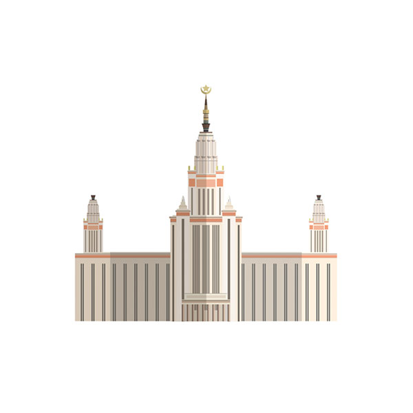 Illustration of a grand, symmetrical building with three towers, the tallest in the center, topped with a spire. The structure is designed in a classical style with vertical lines, columns, and intricate details, resembling Eastern European architecture.