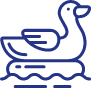 A dark blue line illustration of a duck swimming on water. The duck faces right, with its wings slightly raised, and it is depicted with simple, clean lines. The water is represented by wavy lines below the duck.