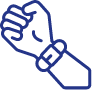 A blue line-drawn icon of a clenched fist facing upward, with a wristwatch on the wrist.