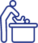 Icon depicting a person leaning over a baby lying on a changing table, suggesting a diaper change or baby care routine. The drawing is in dark blue with simple, clean lines and minimal detail.