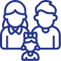 A simple blue line drawing depicts a family of three, including two adults and one child in the center. The adults have short hair and the child has a bow in their hair.