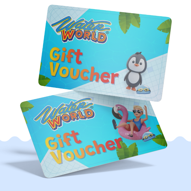 Two Water World gift vouchers are shown. The first features a penguin and sunglasses. The second has a character wearing sunglasses, sitting in a pink flamingo float. Both vouchers have blue backgrounds with leaf accents and the "Water World" logo.