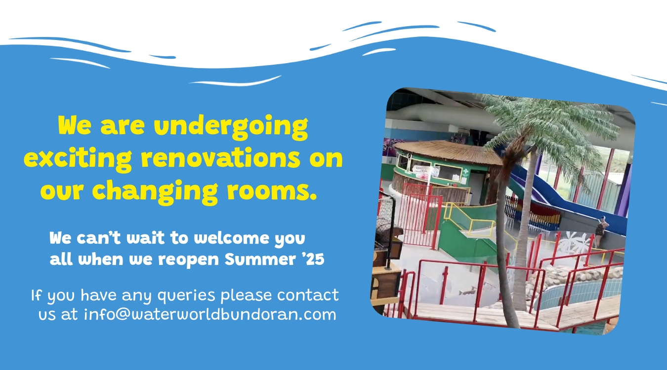 A notice with blue background reads: "We are undergoing exciting renovations on our changing rooms. We can't wait to welcome you all when we reopen Summer '25." Contact info: info@waterworldbundoran.com. Image of a pool area with a slide and tree.